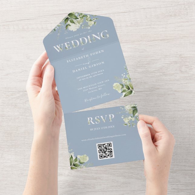 Dusty Blue Rustic Greenery QR Code Wedding All In One Invitation (Tearaway)