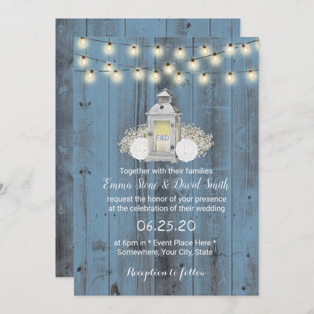 Dusty Blue Rustic Lantern & String Lights Wedding Invitation (Front/Back)