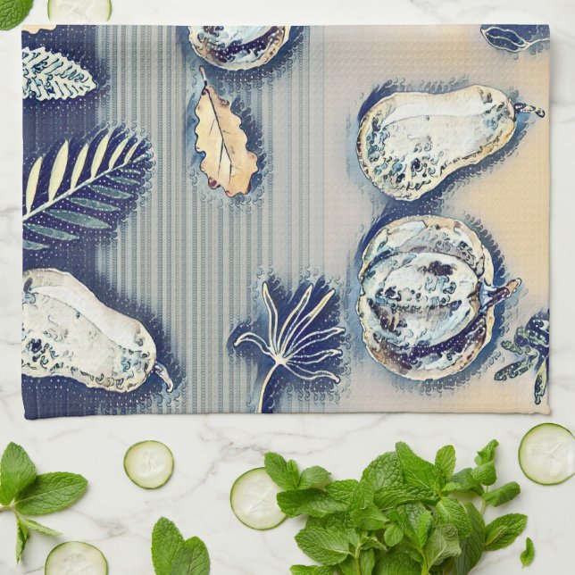 dusty blue Rustic Pumpkin & Autumn Leaf Tea Towel (Folded)