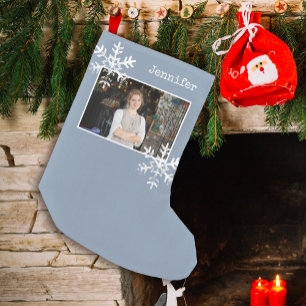Dusty Blue Rustic Snowflake Custom Photo Small Christmas Stocking