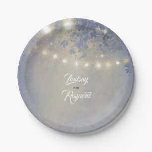 Dusty Blue Rustic String Lights Wedding Paper Plate