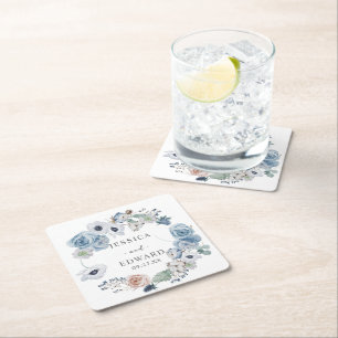 Dusty Blue Rustic Wedding Floral Square Paper Coaster