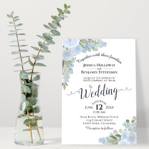 Dusty Blue Rustic White Watercolor Floral Wedding Invitation