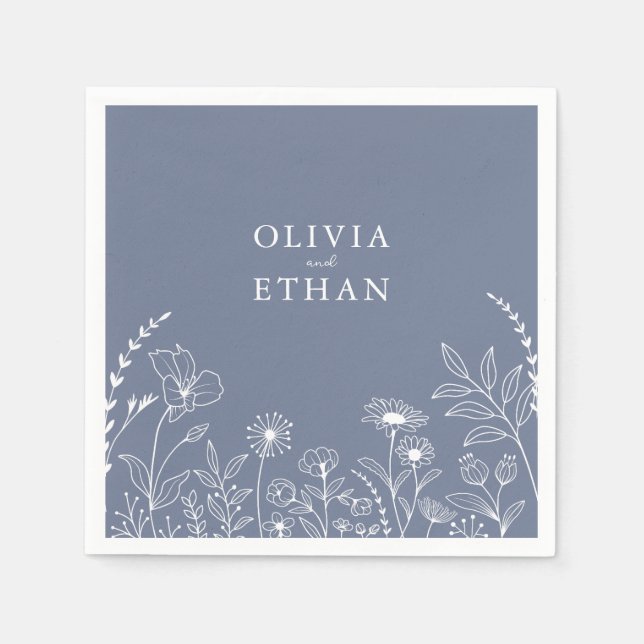 Dusty Blue, Rustic, Wildflowers Wedding Napkins (Front)