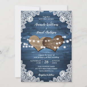 Dusty Blue Rustic Wood Burlap Lace Lights Wedding Invitation