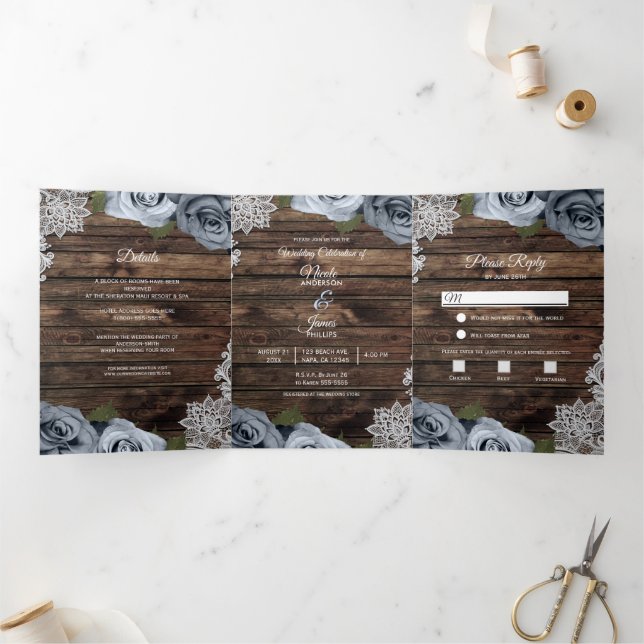 Dusty Blue Rustic Wood Trifold Wedding Program (Inside)