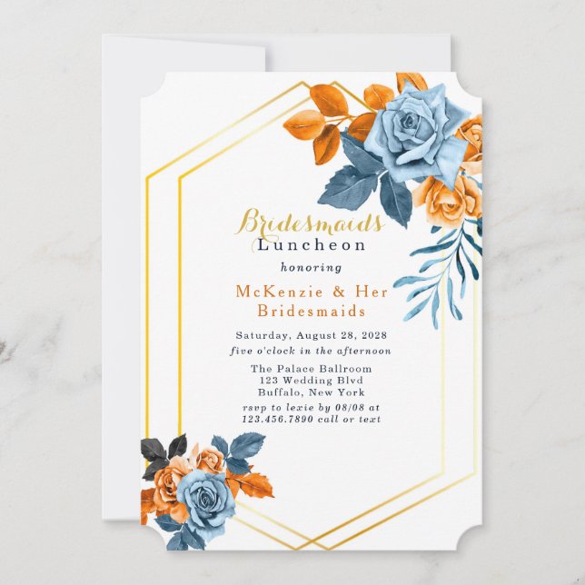 Dusty Blue & Rusty Peony Floral Bridesmaids Lunch Invitation (Front)