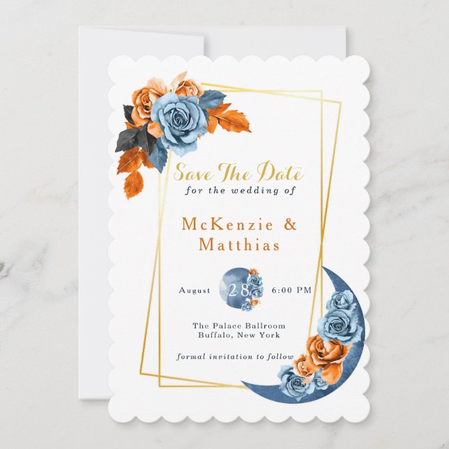 Dusty Blue & Rusty Peony Floral Save The Date Card (Front)