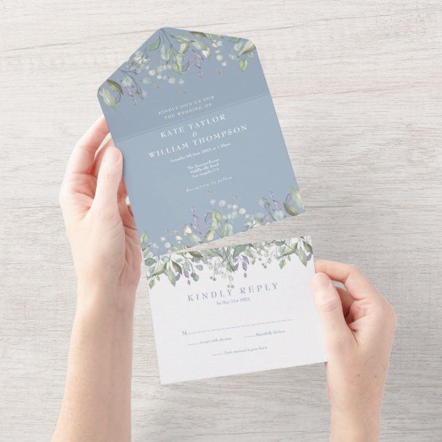 Dusty Blue Sage And Lilac Floral Monogram Wedding All In One Invitation (Tearaway)
