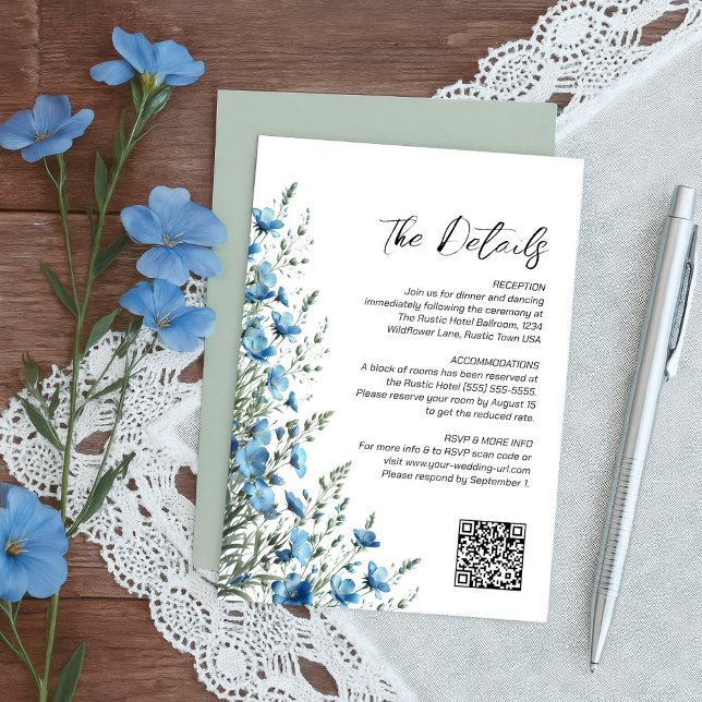 Dusty Blue & Sage Boho Wildflowers QR Code Details Enclosure Card (Creator Uploaded)