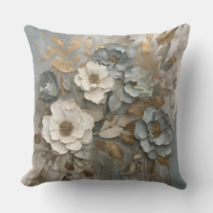 Dusty Blue Sage Gold Cream Farmhouse Floral Cushion