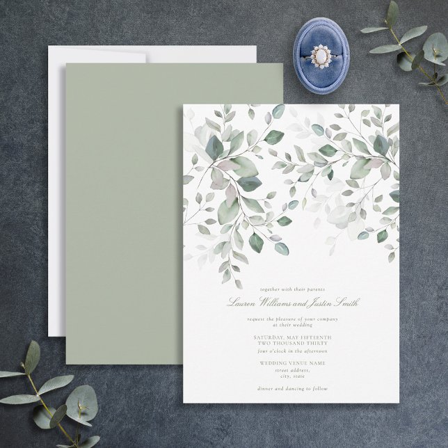 Dusty Blue Sage Green Botanical Script Wedding Invitation (Creator Uploaded)