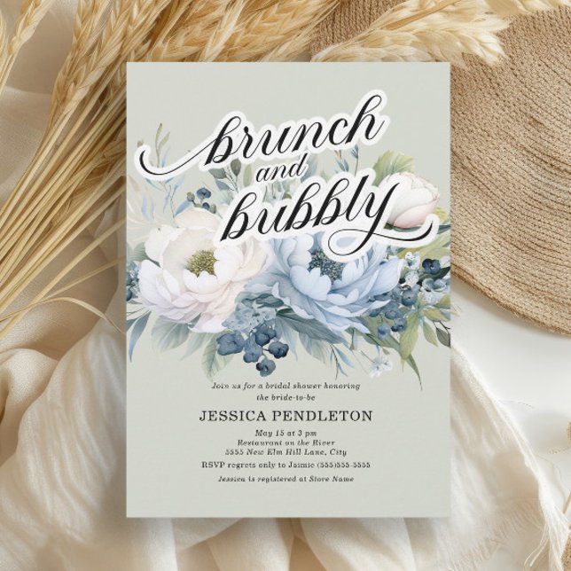 Dusty Blue Sage Green Bridal Brunch Bubbly Invitation (Dusty blue and white watercolor floral Brunch and Bubbly Bridal Shower invitation)
