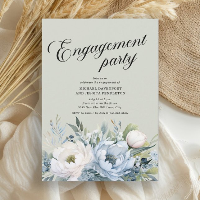 Dusty Blue Sage Green Engagement Party Invitation (Dusty blue and white watercolor floral engagement party invitation)