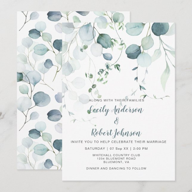 Dusty Blue & Sage Green Eucalyptus on White Invitation (Front/Back)