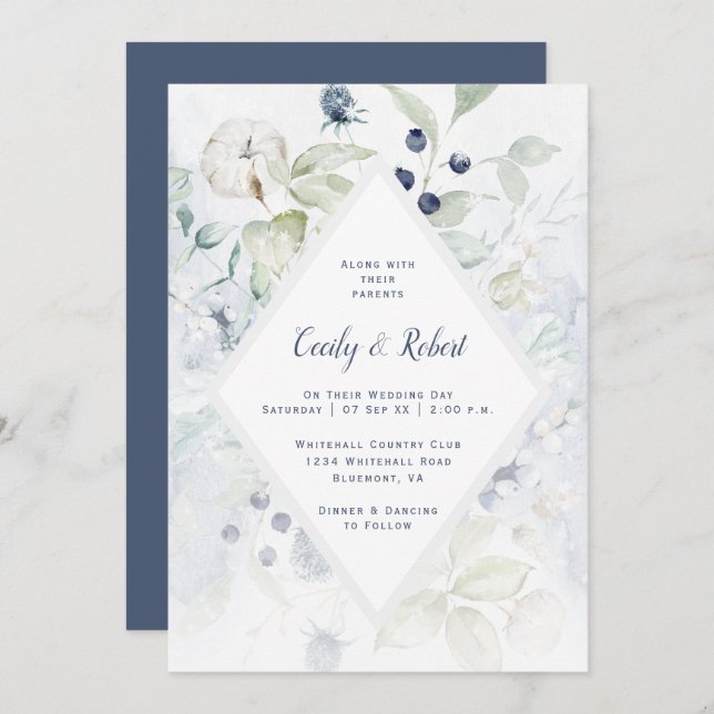 Dusty Blue Sage Green Floral Diamond Frame Wedding Invitation (Front/Back)