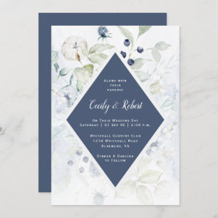 Dusty Blue Sage Green Floral Diamond Frame Wedding Invitation