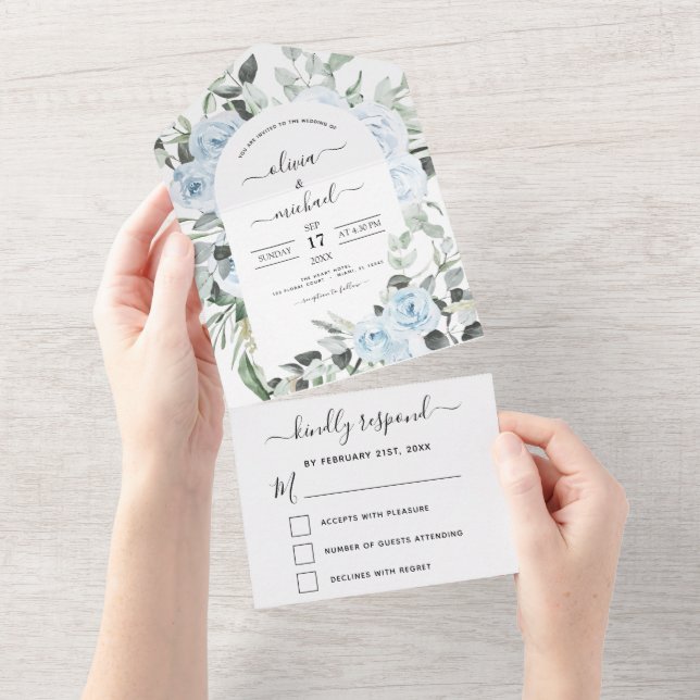 Dusty Blue - Sage Green Floral Wedding RSVP All In One Invitation (Tearaway)