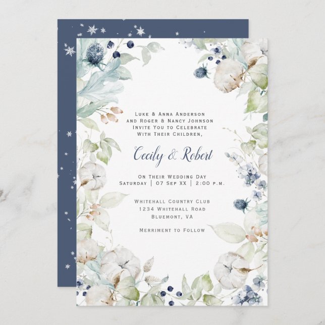 Dusty Blue Sage Green Floral Wedding w/Menu Invitation (Front/Back)