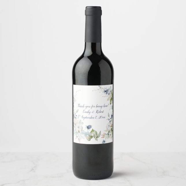 Dusty Blue Sage Green Floral Wine Bottle Wine Label (Front)
