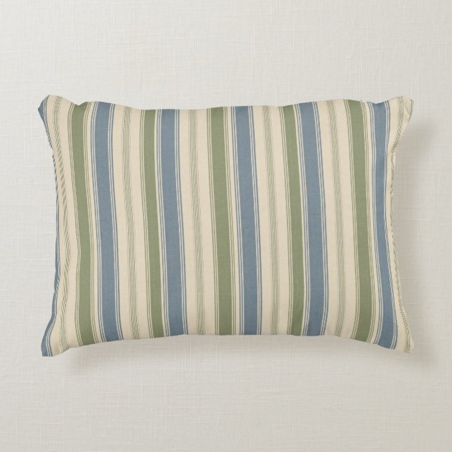Dusty Blue & Sage Green Linen Multi-Width Stripes  Decorative Cushion (Front)