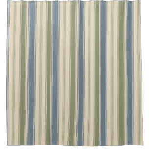 Dusty Blue & Sage Green Linen Multi-Width Stripes  Shower Curtain