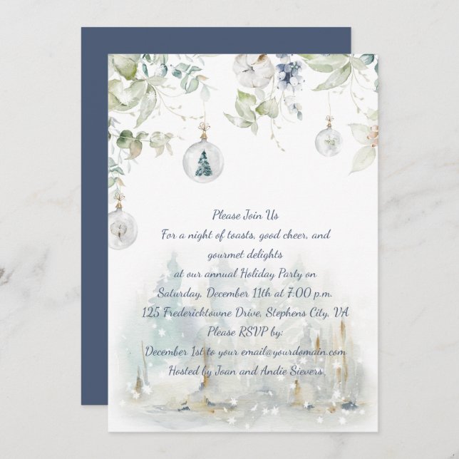 Dusty Blue Sage Green Snow Globes Christmas Party Invitation (Front/Back)