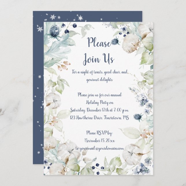 Dusty Blue Sage Green Snowflakes Christmas Party Invitation (Front/Back)