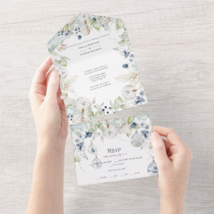 Dusty Blue Sage Green Winter Floral Wedding All In One Invitation