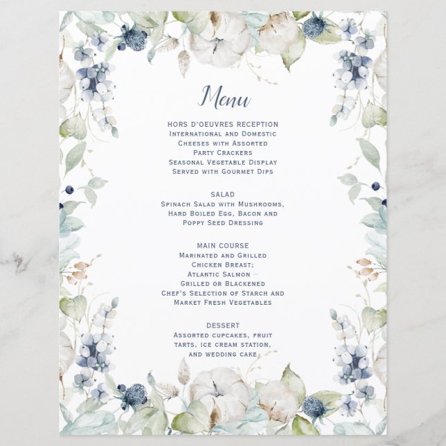 Dusty Blue Sage Green Winter Floral Wedding Menu (Front)
