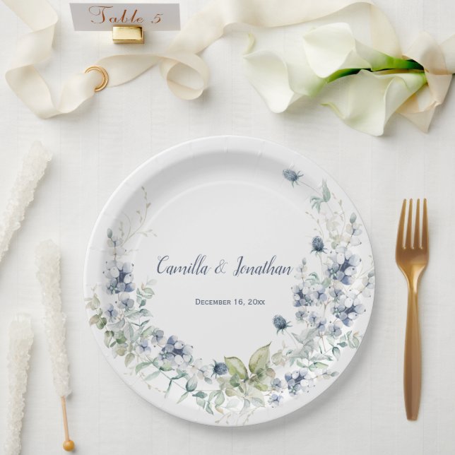 Dusty Blue Sage Green Winter Floral Wedding Paper Plate (Wedding)