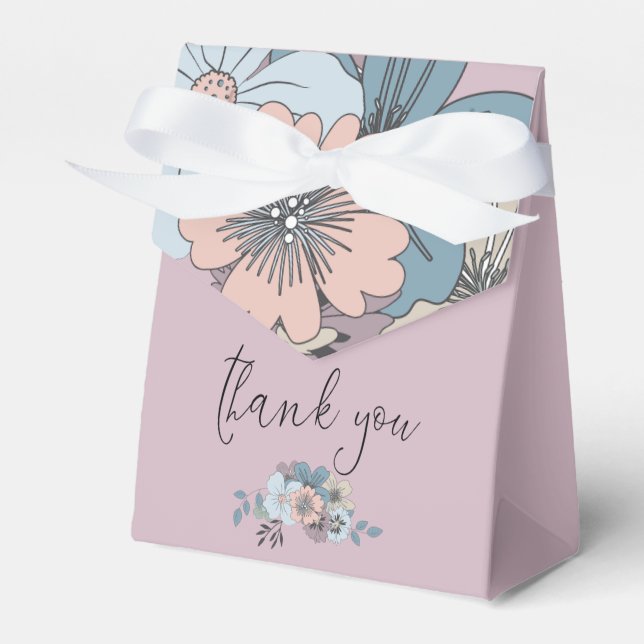 Dusty Blue Salmon Pink Foral Names Date Thank You Favour Box (Front Side)