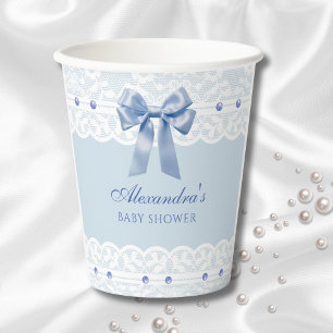 Dusty Blue Satin Bow Regency Lace Baby Shower Paper Cups