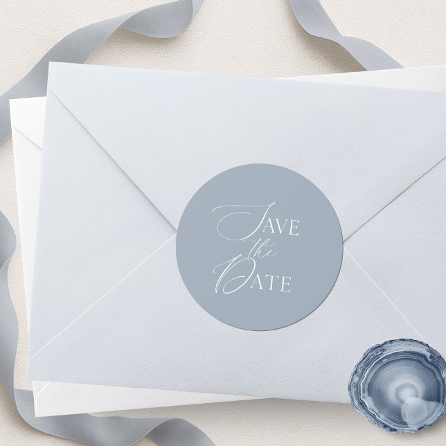 Dusty Blue Save The Date Script Wedding  Classic Round Sticker (Creator Uploaded)