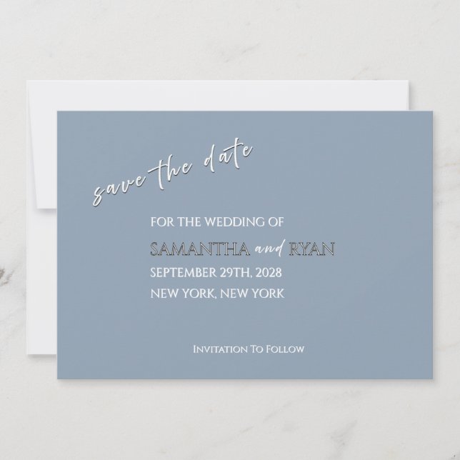 Dusty Blue Save the Date with Metallic Silver Text (Front)