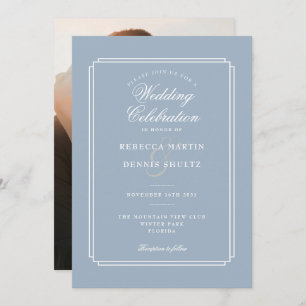 Dusty Blue Script Art Deco Photo Wedding Invitation