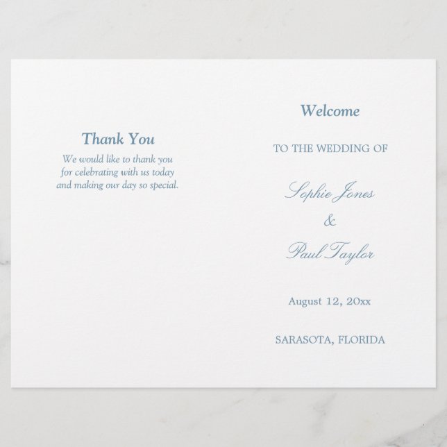 Dusty Blue Script Bi-Fold Wedding Program (Front)