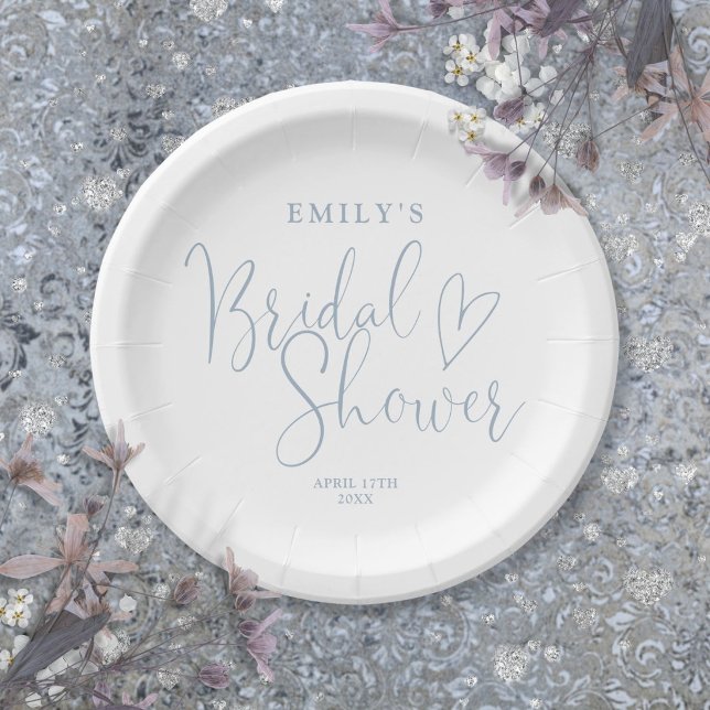 Dusty Blue Script Calligraphy Bridal Shower Paper Plate (Dusty Blue Script Calligraphy Bridal Shower Paper Plates)