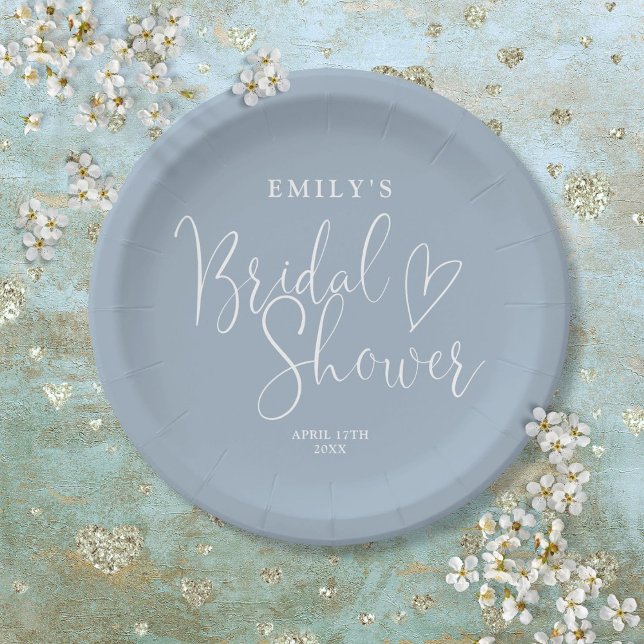 Dusty Blue Script Calligraphy Bridal Shower Paper Plate (Dusty Blue Script Calligraphy Bridal Shower Paper Plates)