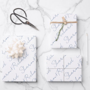 Dusty blue script calligraphy names wedding wrapping paper sheet