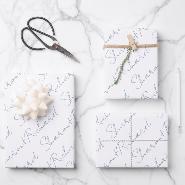 Dusty blue script calligraphy names wedding wrapping paper sheet (Front)