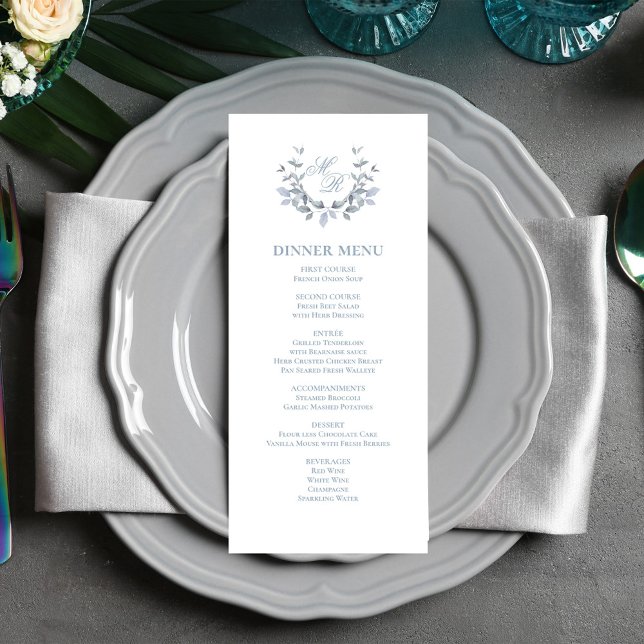 Dusty Blue Script Classic Wedding Dinner Menu (Dusty blue wedding menu card template. )