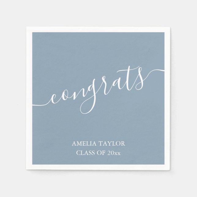 Dusty Blue Script Congrats Elegant Graduation Name Napkin (Front)