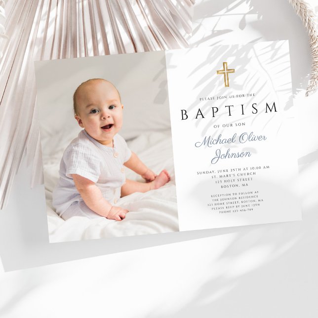 Dusty Blue Script Cross Boy Photo Baptism Invitation (Dusty Blue Script Cross Boy Photo Baptism Invitation )