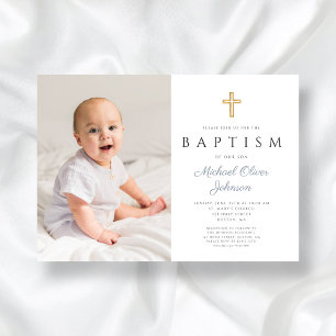 Dusty Blue Script Cross Boy Photo Baptism Invitation