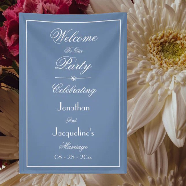 Dusty Blue Script Elegant Wedding Welcome Backdrop Banner (Elegant wedding welcome backdrop banner in chic dusty blue script - great for wedding party photos.)