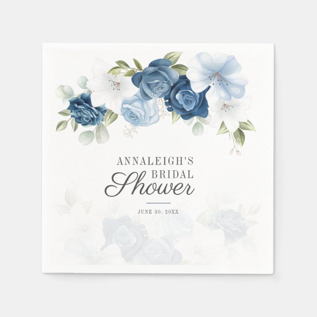 Dusty Blue Script Floral Bridal Shower Paper Napkin (Front)