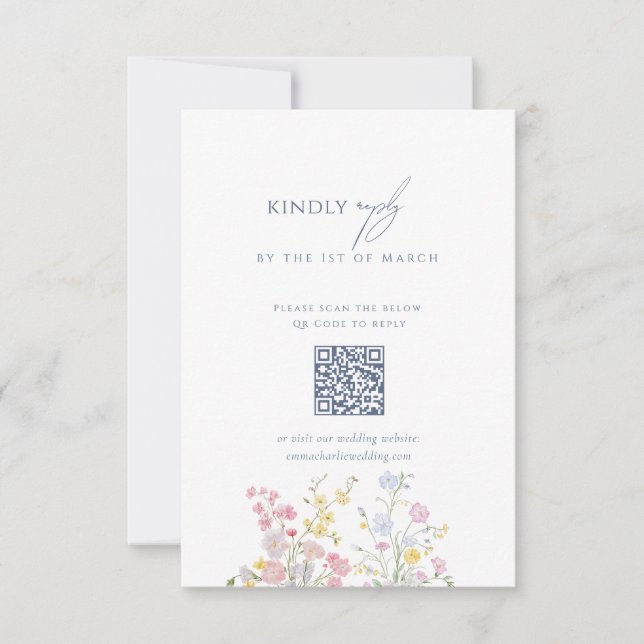 Dusty blue Script Floral Wildflower QR Code RSVP Card (Front)