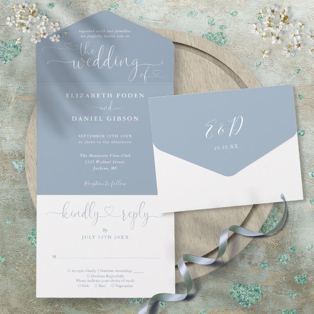Dusty Blue Script Hearts Minimalist Wedding All In All In One Invitation (Dusty Blue Script Hearts Minimalist Wedding All In All In One Invitation)
