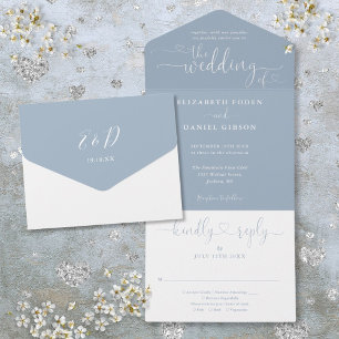 Dusty Blue Script Hearts Minimalist Wedding All In One Invitation